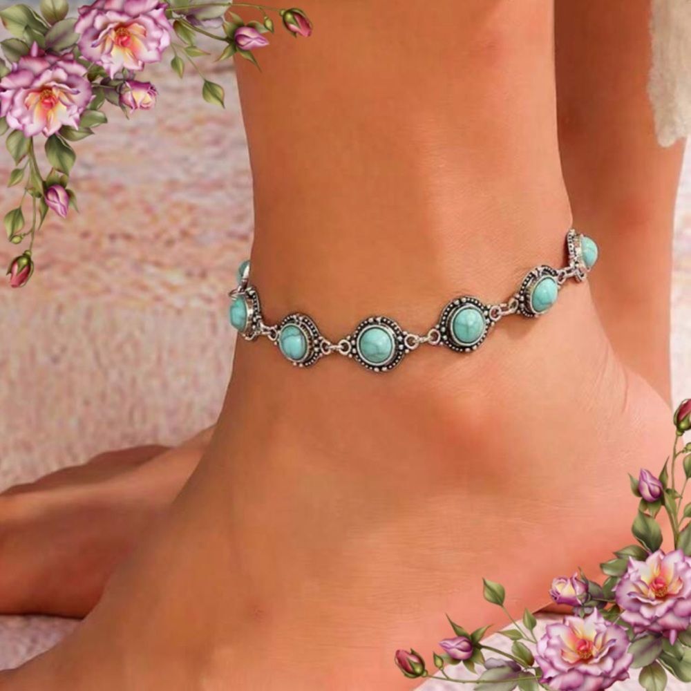 Minimalist Versatile Retro Anklet, Metal‎ Alloy Faux Turquoise Foot Jewelry